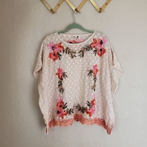 Embroidered Anthropologie top. Peach and pink florals with dip die lace. Size M